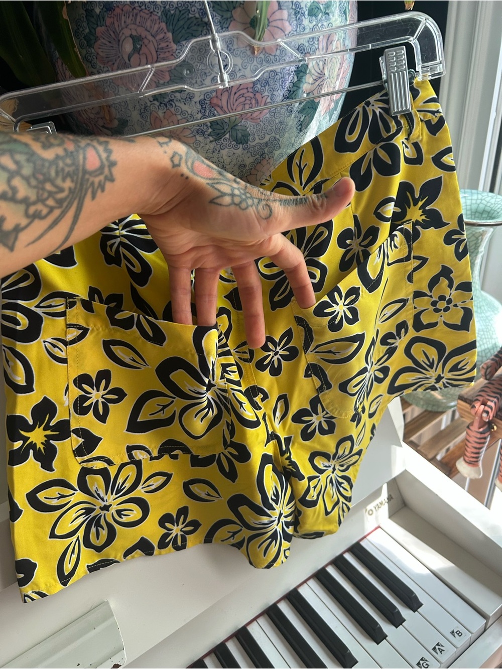 WWomen's Yellow Floral Bermuda Shorts with Black Print - Picture 7 of 12
